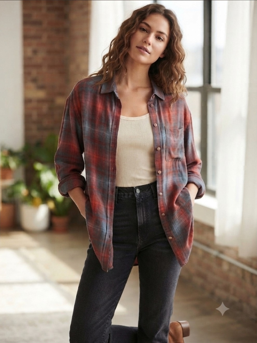 Women's Red Plaid Button-Up Shirt Slits On Sides
